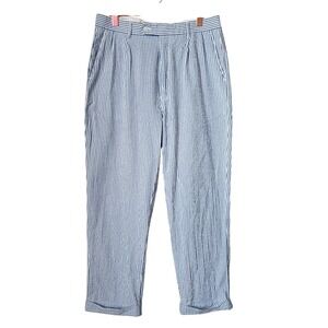 GARRET SCOTT Pleated Cuffed Seersucker pants Nautical preppy blue white 36R